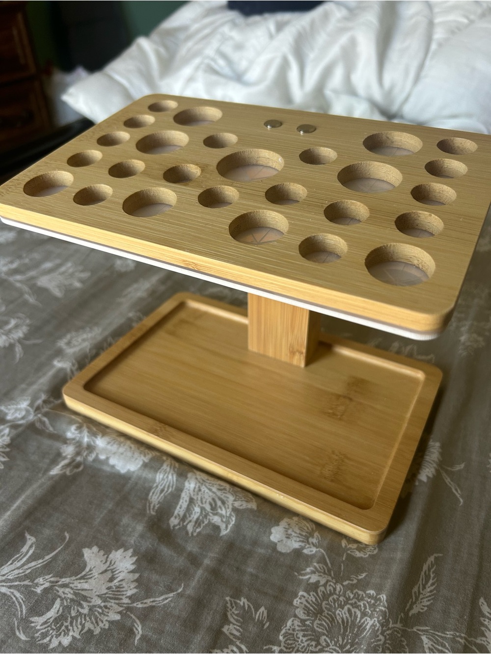 Bamboo Makeup Brush Drying Rack Holder w/ Tray, 26 Slots, 2-Tier